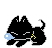 A repeating gif of a black pixel art cat sleeping, then waking up.