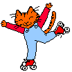 A repeating gif of a bipedal orange pixel art cat wearing overalls roller skating.